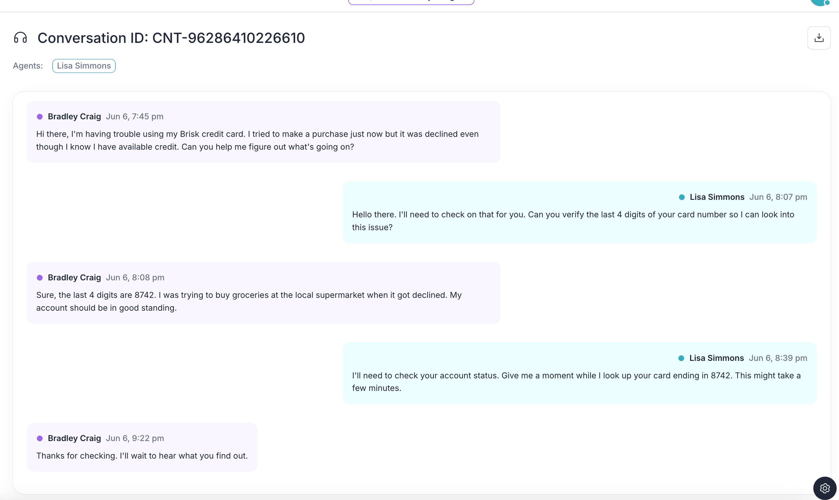 Chat conversation view showing customer support interaction with credit card issue