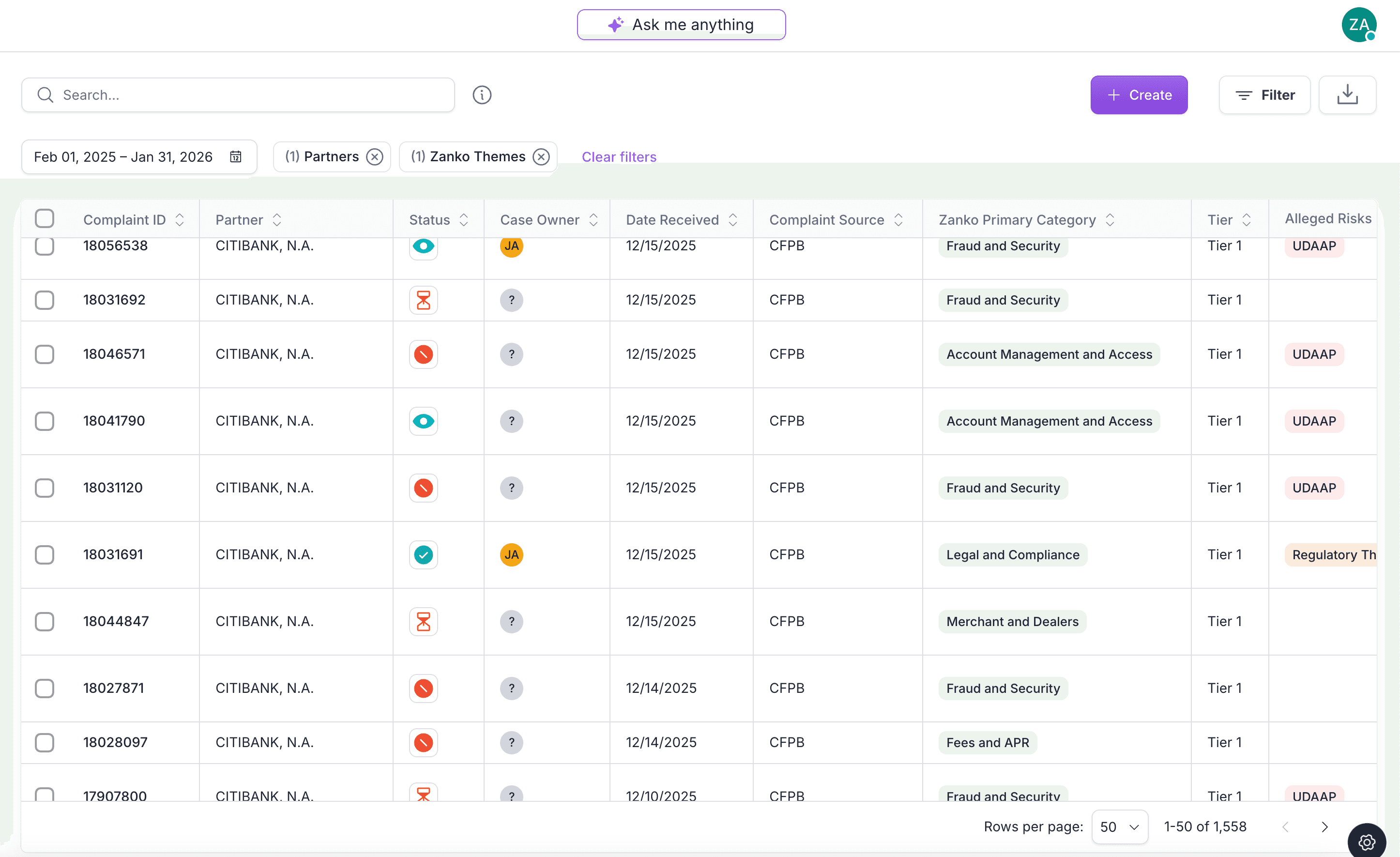 Complaints list view with advanced filtering for compliance workflow management