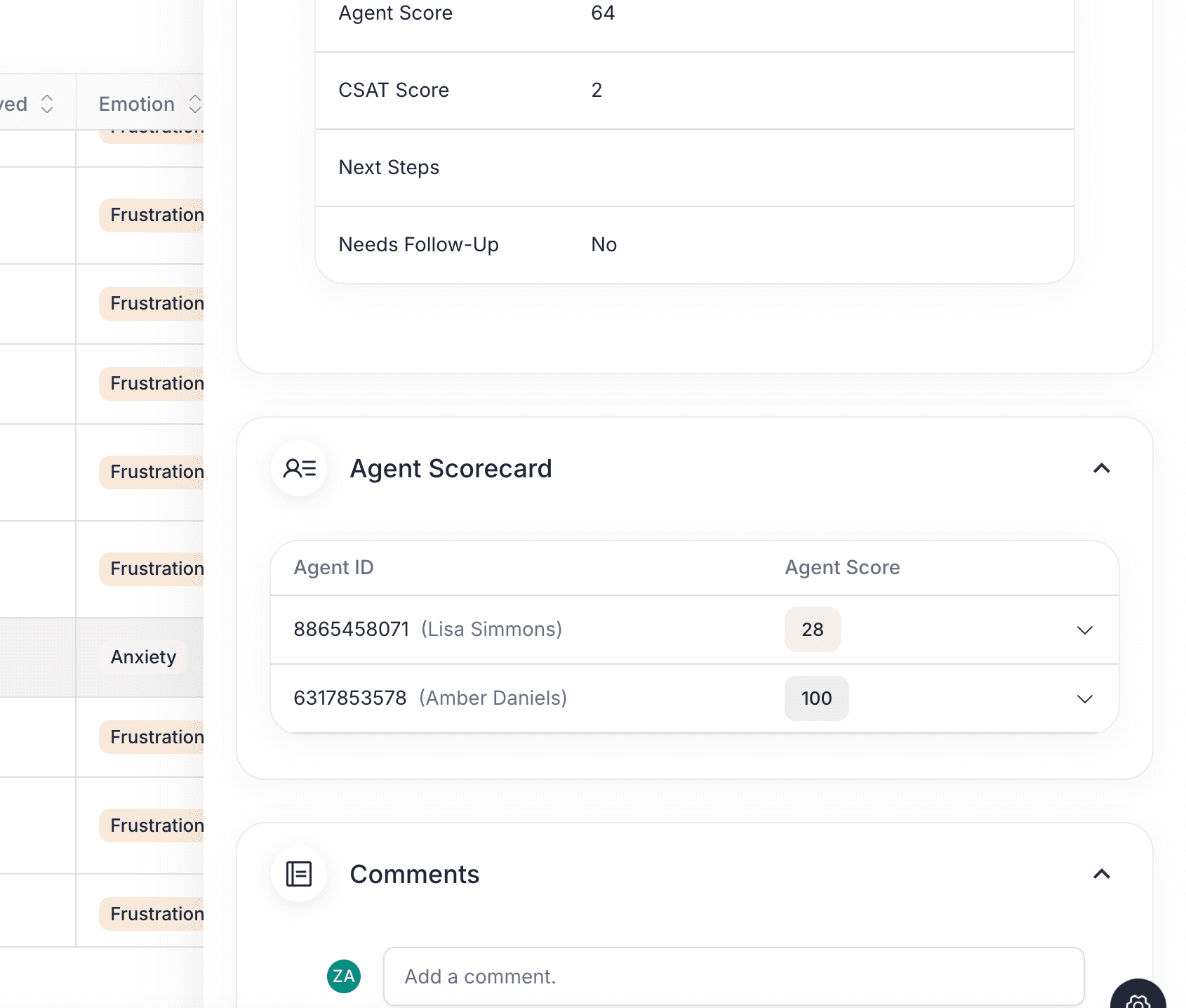 Agent scorecard showing individual performance scores, comments, and evaluation metrics