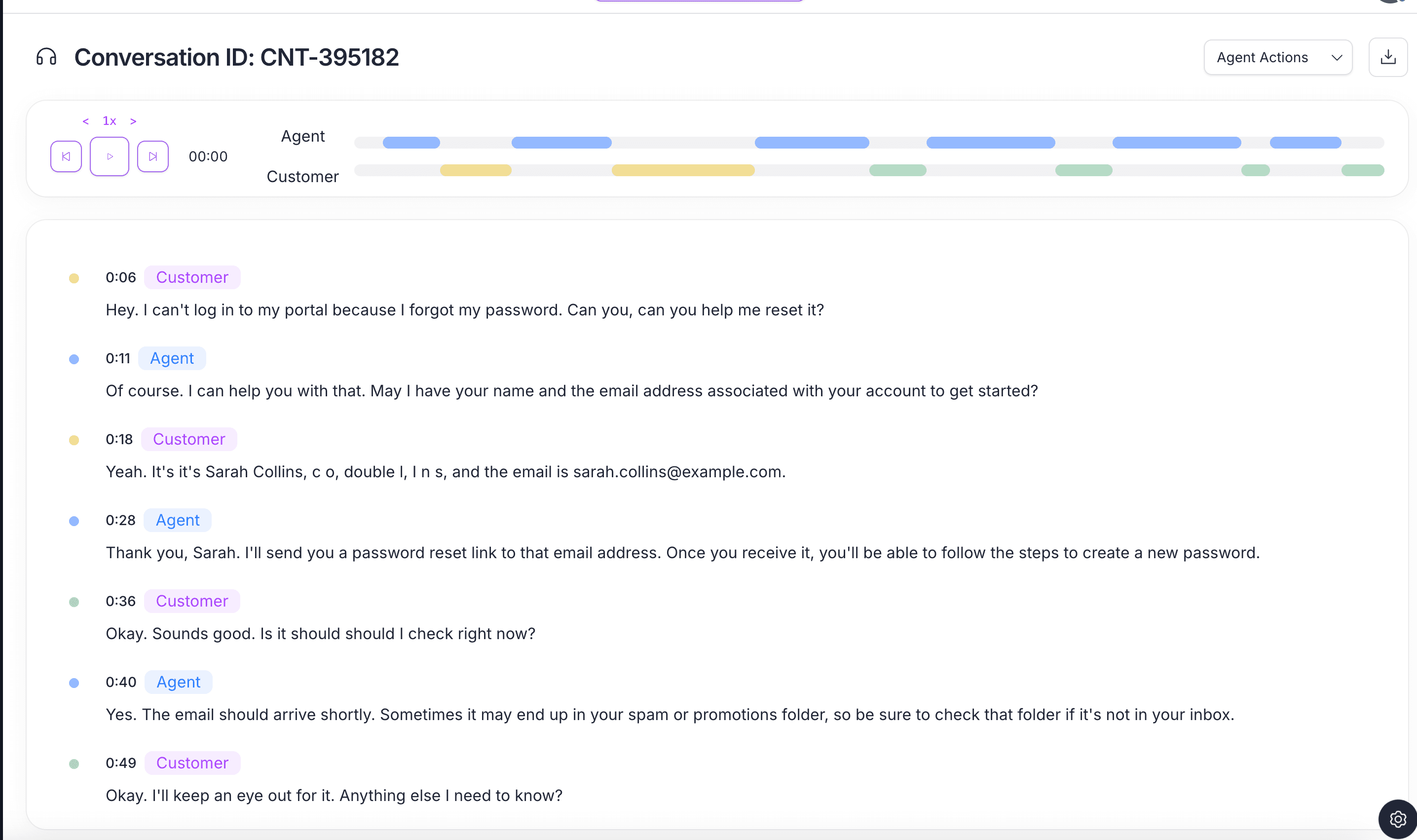 Voice call transcript with timeline visualization showing conversation intelligence processing